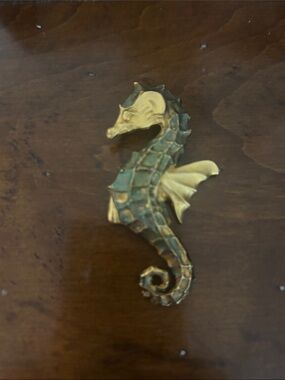 Brass and Teal Seahorse broach